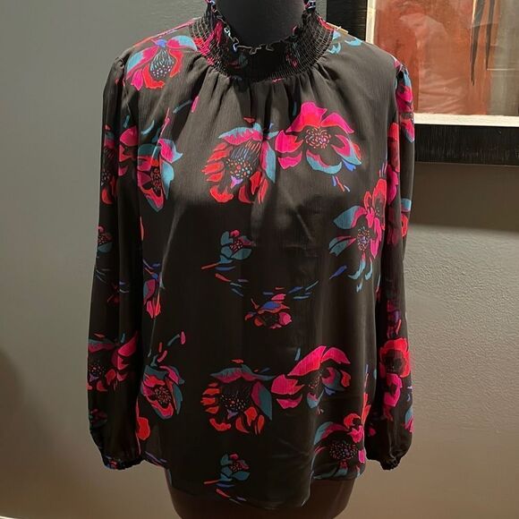 J. Crew elastic mock turtleneck black chiffon floral lined top. NWT. XS. - Picture 2 of 6